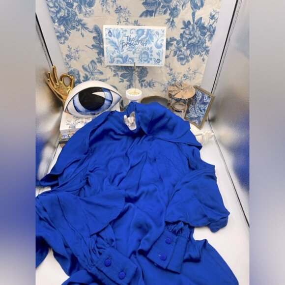 🆕 FARM Rio 🧿 NWOT Bright Blue Backless Ruffle Sleeve Mini Dress, Sz XS - Picture 2 of 16